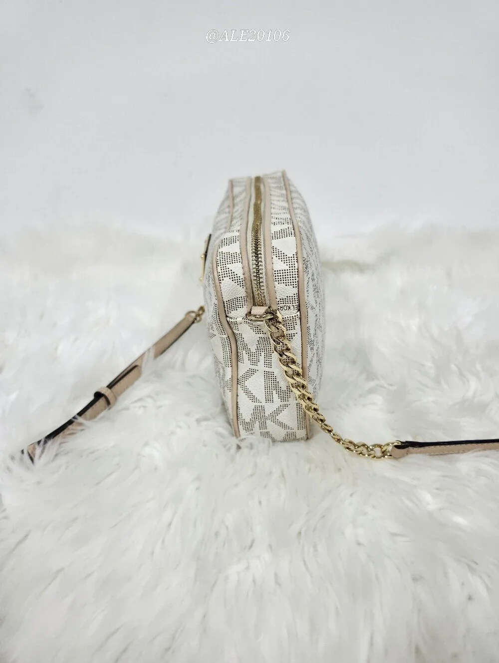 Michael Kors Beige Cream MK Monogram Crossbody Bag Gold Chain Purse